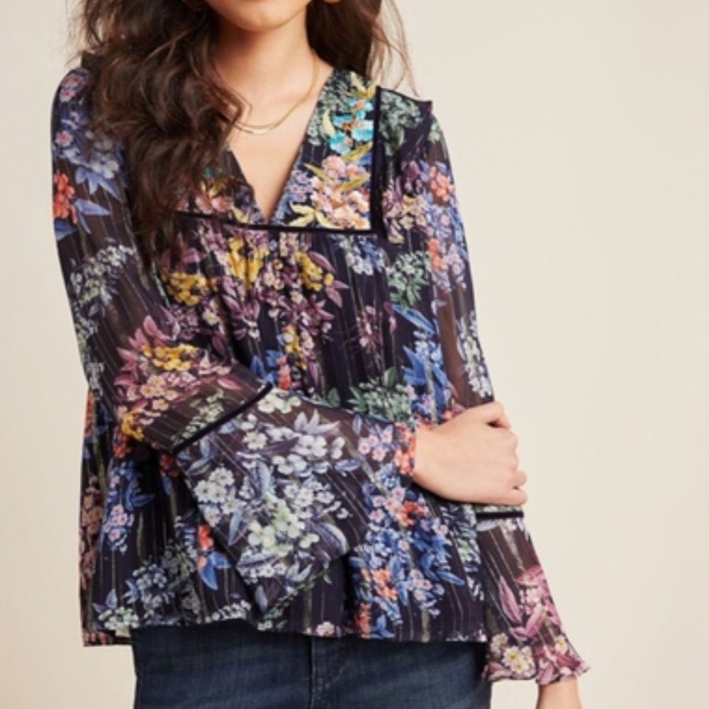 Vineet Bahl Anthropologie Floral Embroidered Boho Blouse Bell Sleeves Size S